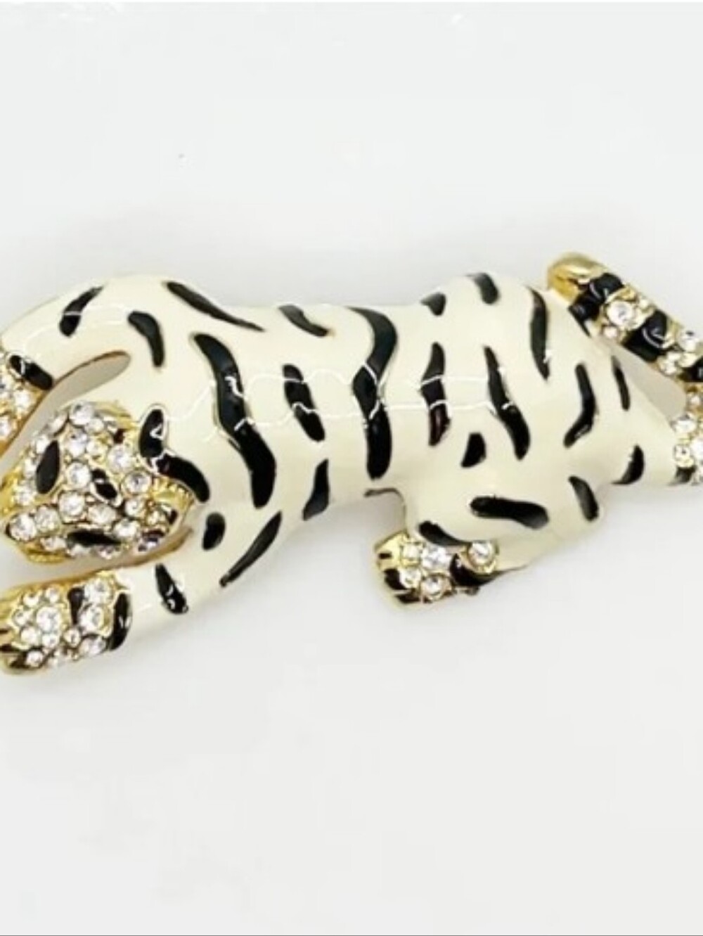 Vintage White Tiger Rhinestone Brooch Pin 1960s